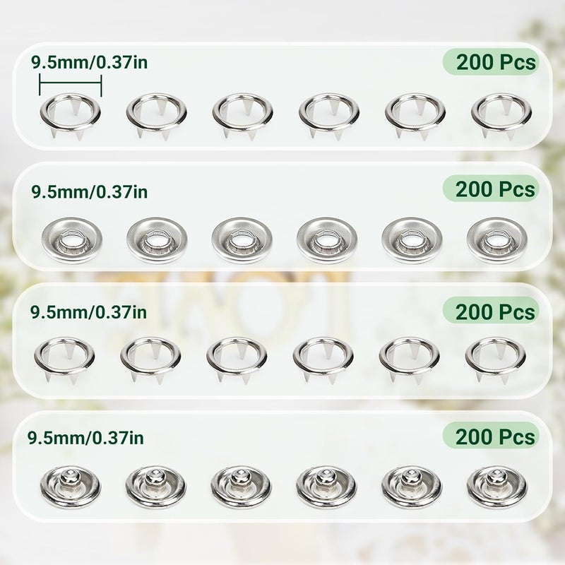 PIGORY 803Pcs Metal Snaps for Fabric, 200Set Silver Hollow Sewing Snaps with Fastener Pliers Press Tool Kit,9.5mm Snap Button Kits for DIY Crafting Clothing - Image 2